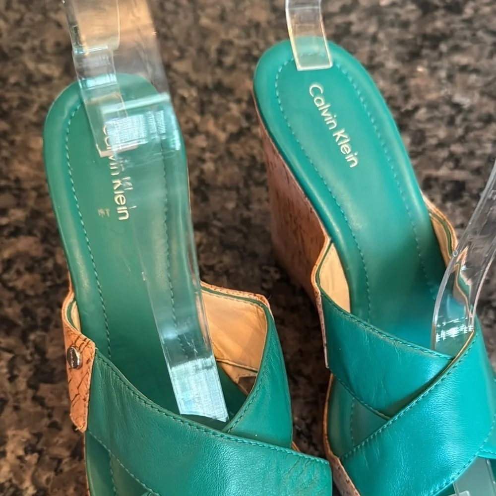Calvin Klien teal cork Wedges NWOT 9M